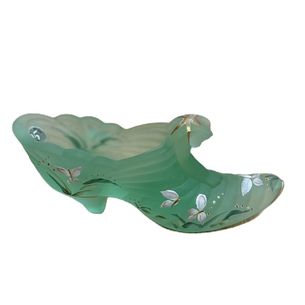 Fenton Art Glass Willow Green Hand Painted Butterflies Shoe 95th Anniversary